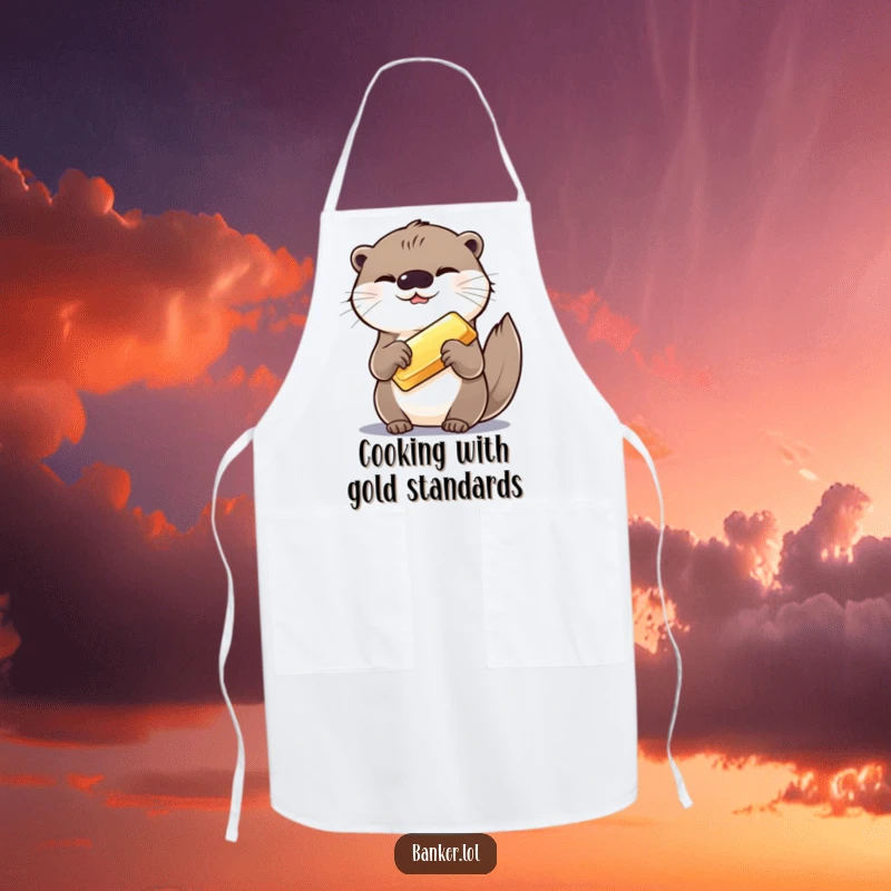 Funny apron depicting a giggling otter presenting a shiny gold bar, adding a humorous and opulent touch to cooking tasks.