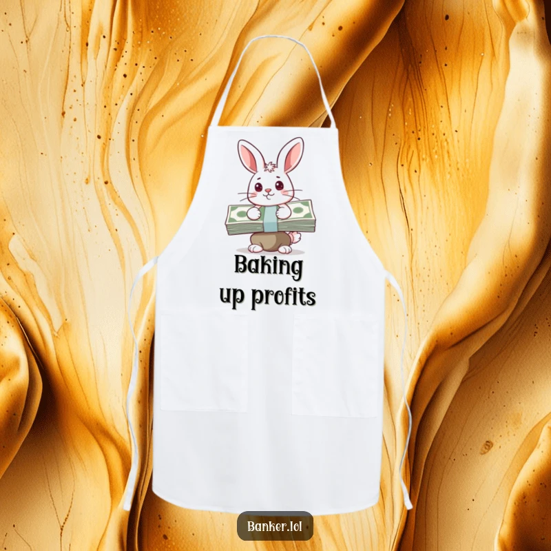 Funny apron with a happy bunny sporting a determined look, balancing a stack of cash, ready for kitchen duties with a financial flair.