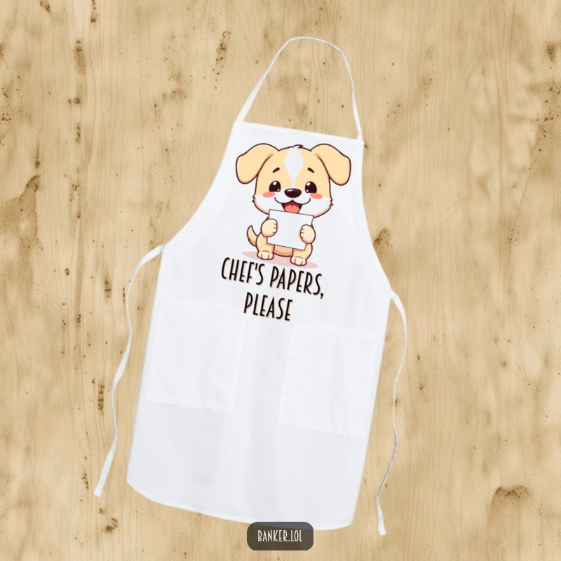Funny dog apron with floppy ears, enthusiastically holding papers, ready for kitchen chaos and culinary success.