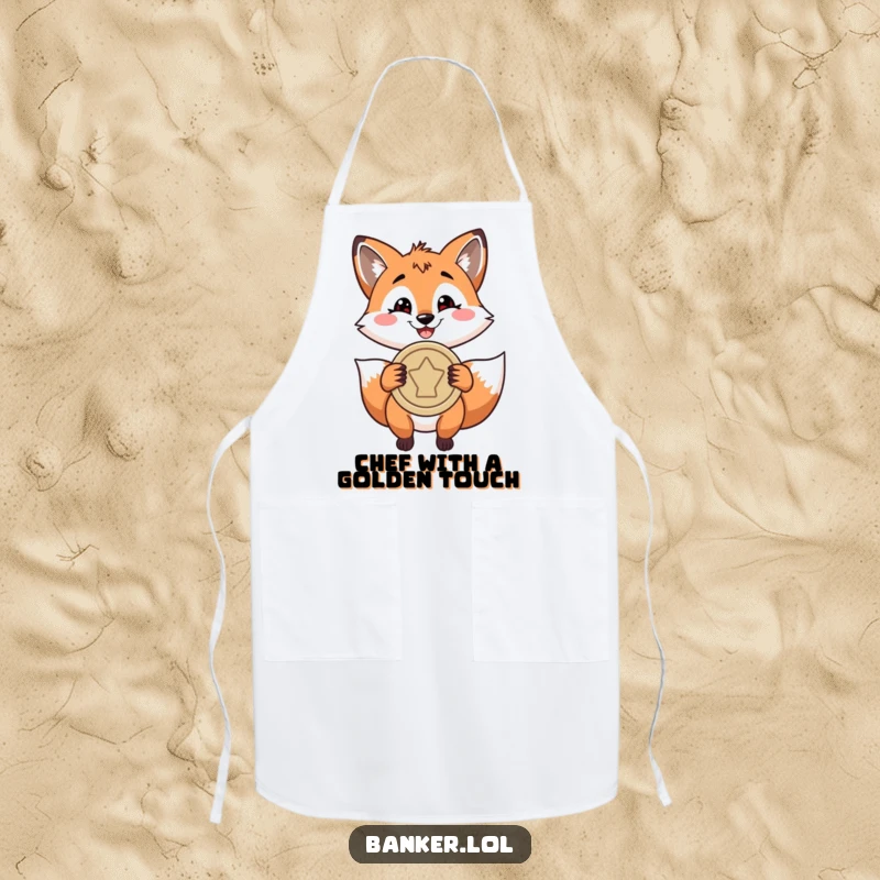 Funny apron with a playful fox sporting a confident grin, holding a large coin, ready for kitchen duties with a sly touch.