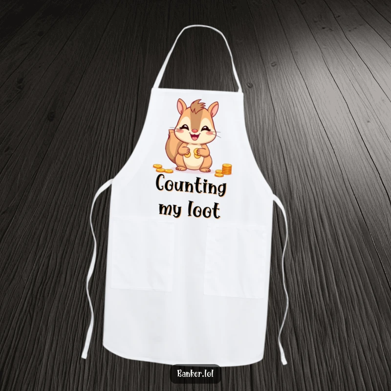 Funny squirrel apron depicting a cheerful squirrel counting coins while cooking, ready to whip up some laughs and delicious meals.