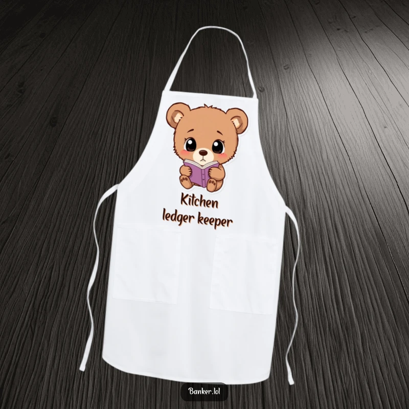Funny bear cub apron with wide eyes, curiously examining a ledger, ready for kitchen experiments.