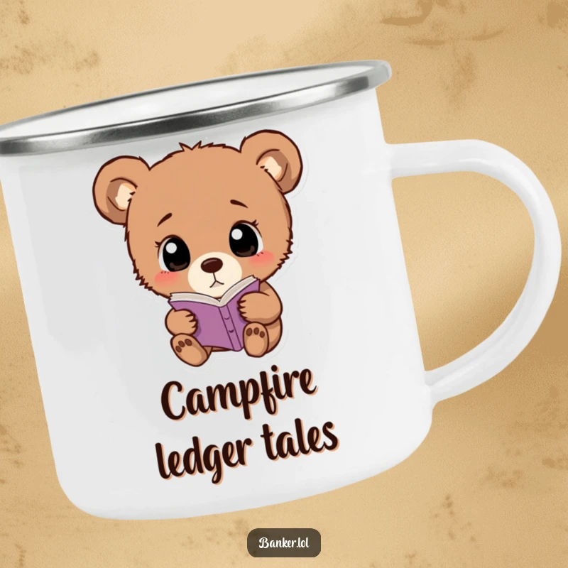 Funny bear cub camping mug with wide eyes, curiously examining a ledger, ready for outdoor pondering.