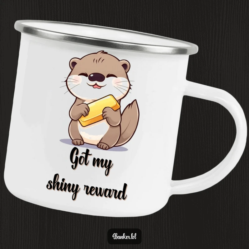 Funny camping mug with a giggling otter holding a gold bar, perfect for outdoor enthusiasts who enjoy humor and nature.