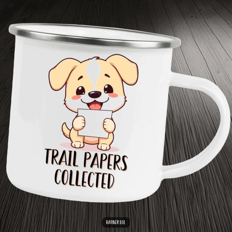 Funny dog camping mug with floppy ears, enthusiastically holding papers, ready for outdoor tasks and coffee.