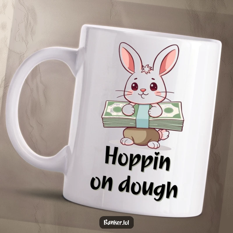 Funny mug featuring a happy bunny with a determined expression, skillfully balancing a tall stack of cash, embodying financial success.