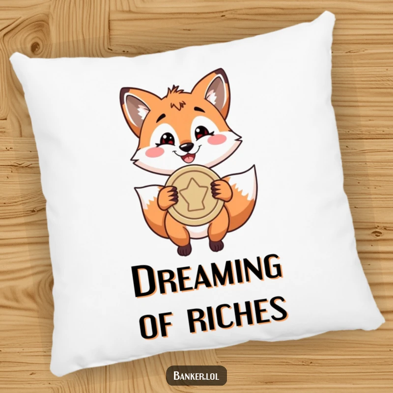 Funny pillow featuring a playful fox with a confident grin, holding a large coin, adding a touch of witty charm to decor.
