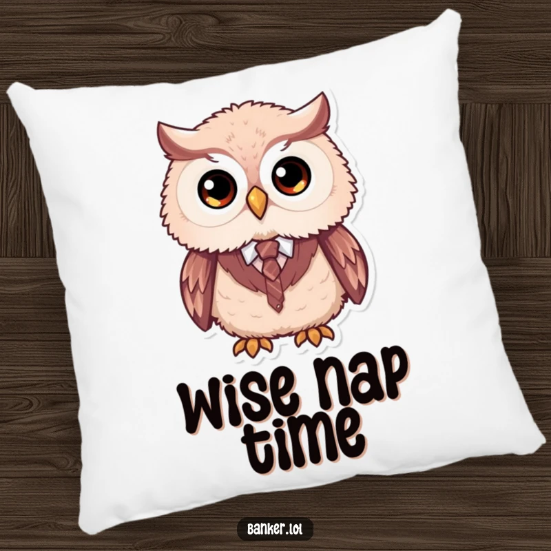 Funny formal owl pillow with a fluffy owl, large simple eyes, wearing a tiny vest and tie, offering cozy sophistication.