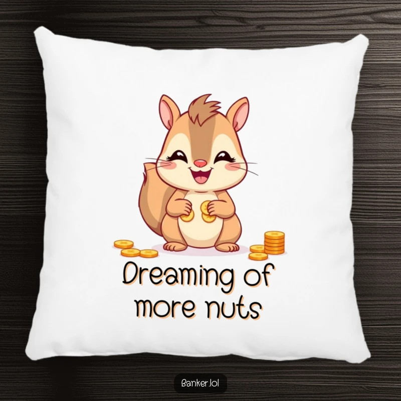 Funny squirrel pillow showcasing a smiling squirrel diligently counting coins with its paws, adding a whimsical and cheerful touch.