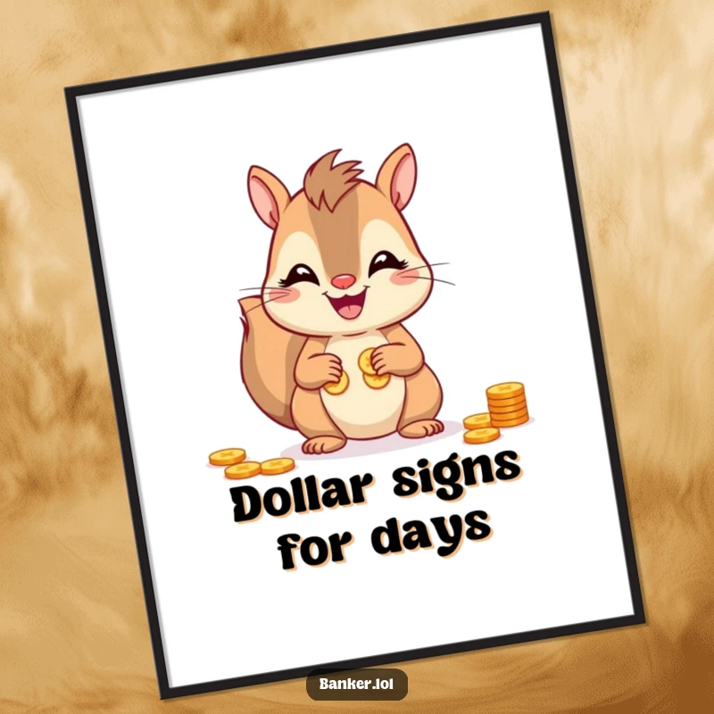 Funny squirrel digital art of a cheerful squirrel with a wide smile, diligently counting coins with its nimble paws.