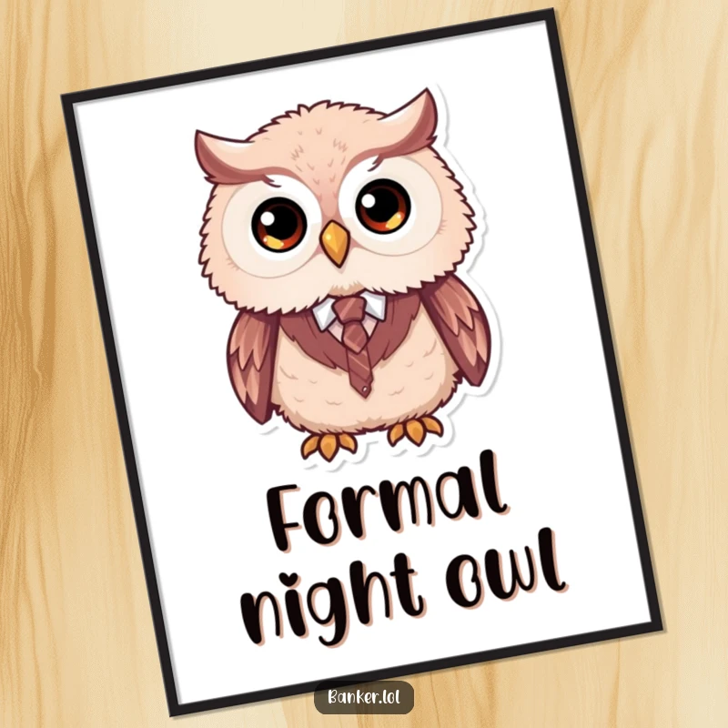 Funny formal owl digital art print of a fluffy owl with large simple eyes, wearing a tiny vest and tie, perfect for instant decor.