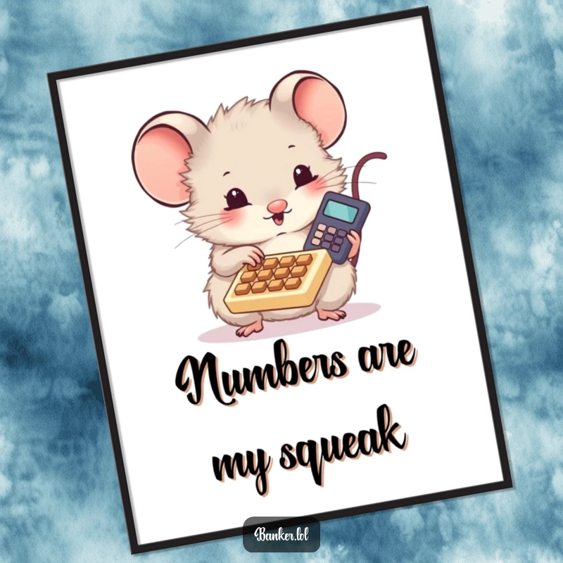 Funny digital art print of a cute, fluffy mouse tapping rapidly on a miniature calculator, conveying energetic mathematical focus.