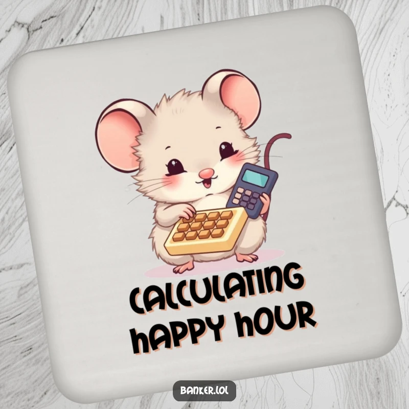 Funny drink coaster featuring a cute, fluffy mouse tapping on a tiny calculator, perfect for adding a touch of whimsy to tabletops.