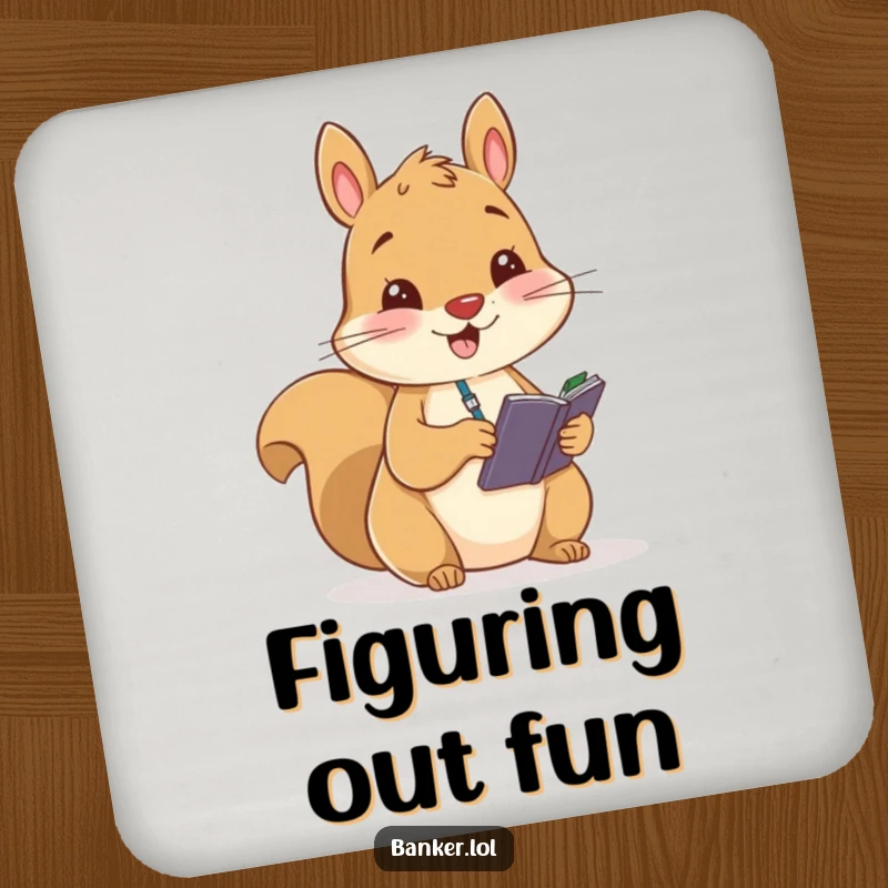 Funny drink coaster featuring a cheerful squirrel diligently writing in a small ledger, perfect for adding a touch of organized humor.