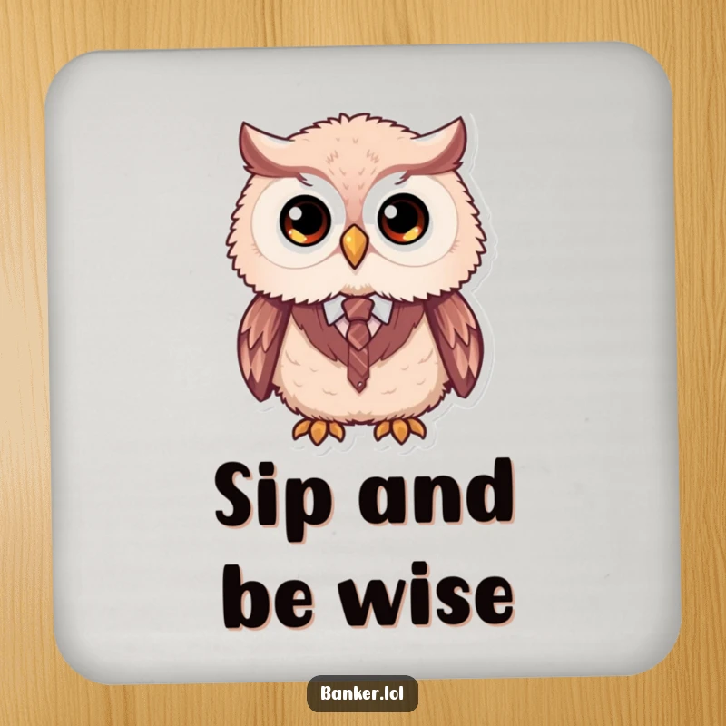 Funny formal owl coaster depicting a fluffy owl with large simple eyes, wearing a tiny vest and tie, protecting surfaces with style.