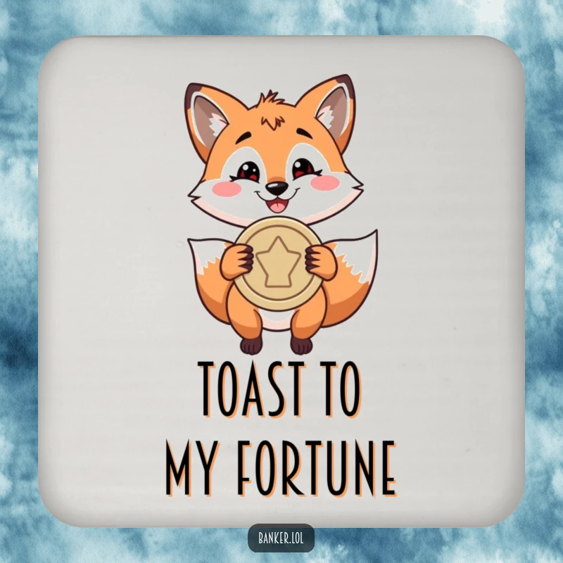 Funny drink coaster featuring a playful fox with a confident grin, holding a large coin, perfect for adding a touch of witty charm.