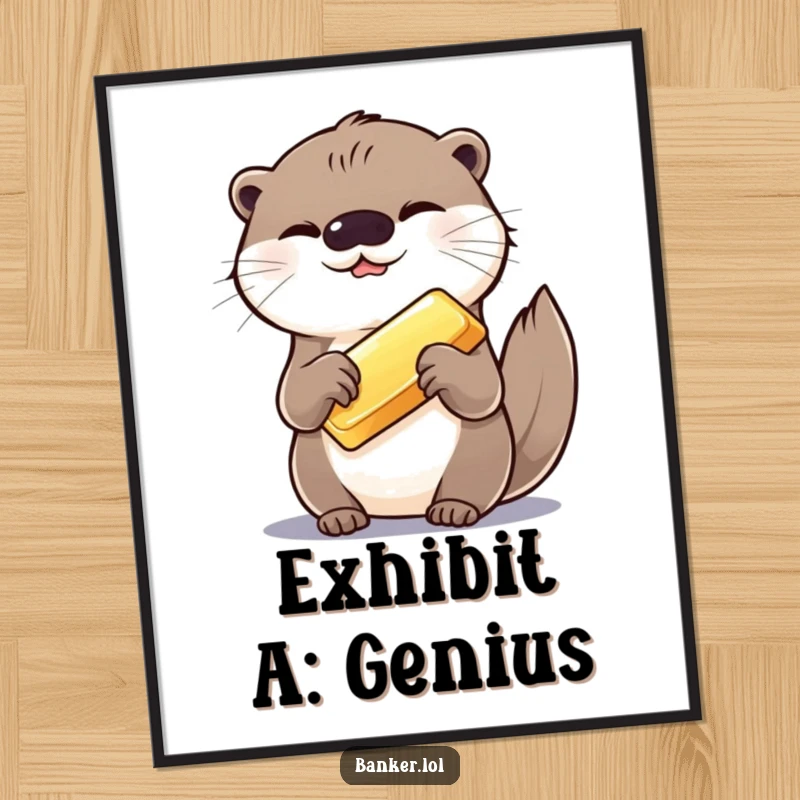 Funny poster of a giggling otter ceremoniously presenting a shiny gold bar, capturing a moment of pure, hilarious delight.