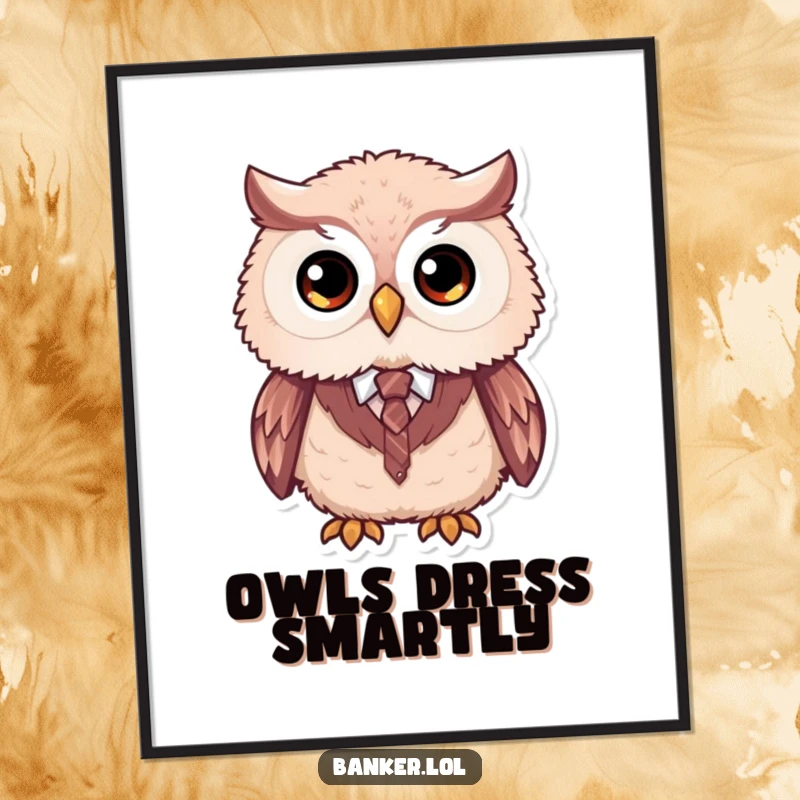 Funny formal owl poster featuring a fluffy owl with large simple eyes, wearing a tiny vest and tie, adding sophisticated charm.