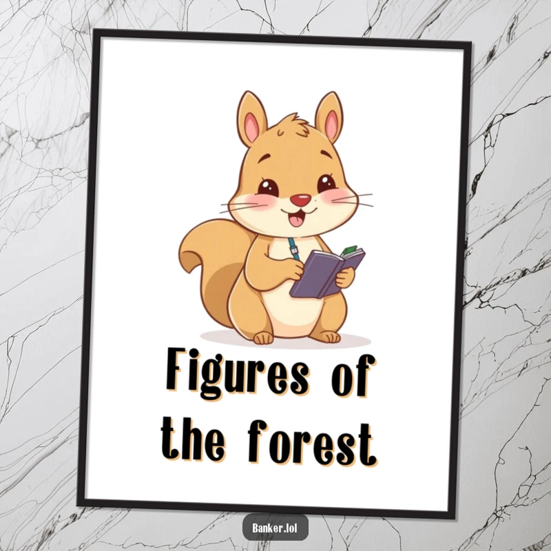 Funny poster featuring a cheerful squirrel meticulously writing in a small ledger, embodying a humorous take on financial record-keeping.