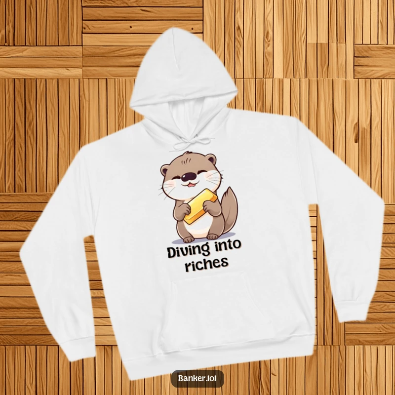 Funny hoodie showcasing a giggling otter presenting a gleaming gold bar, symbolizing joy and playful wealth for a cozy feel.