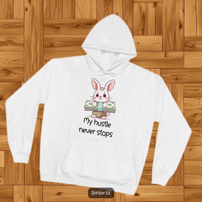 Funny hoodie showcasing a happy bunny with a determined gaze, balancing a large stack of cash, representing financial discipline.