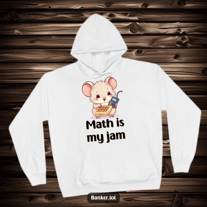 Funny hoodie with a cute, fluffy mouse intensely tapping on a tiny calculator, perfect for those who love financial humor.