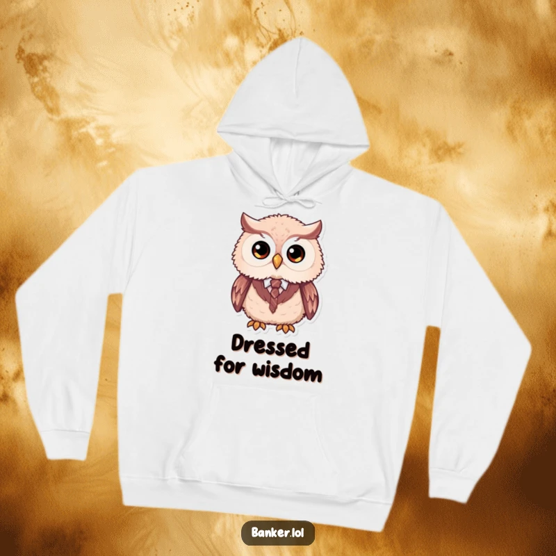 Funny formal owl hoodie featuring a fluffy owl with large simple eyes, wearing a tiny vest and tie, offering warm sophistication.
