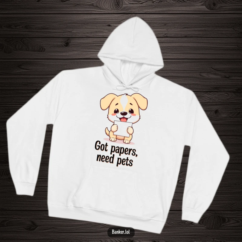Funny dog hoodie with floppy ears, enthusiastically holding papers, showing a blend of fun and responsibility.