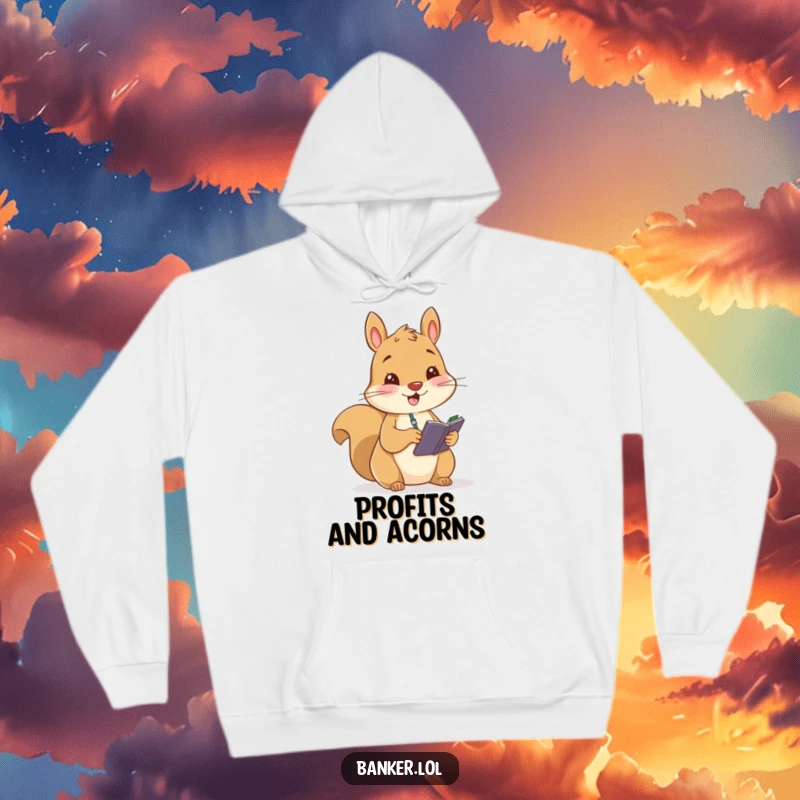 Funny hoodie featuring a cheerful squirrel focused on recording figures in a small ledger, ideal for chilly days and organized minds.