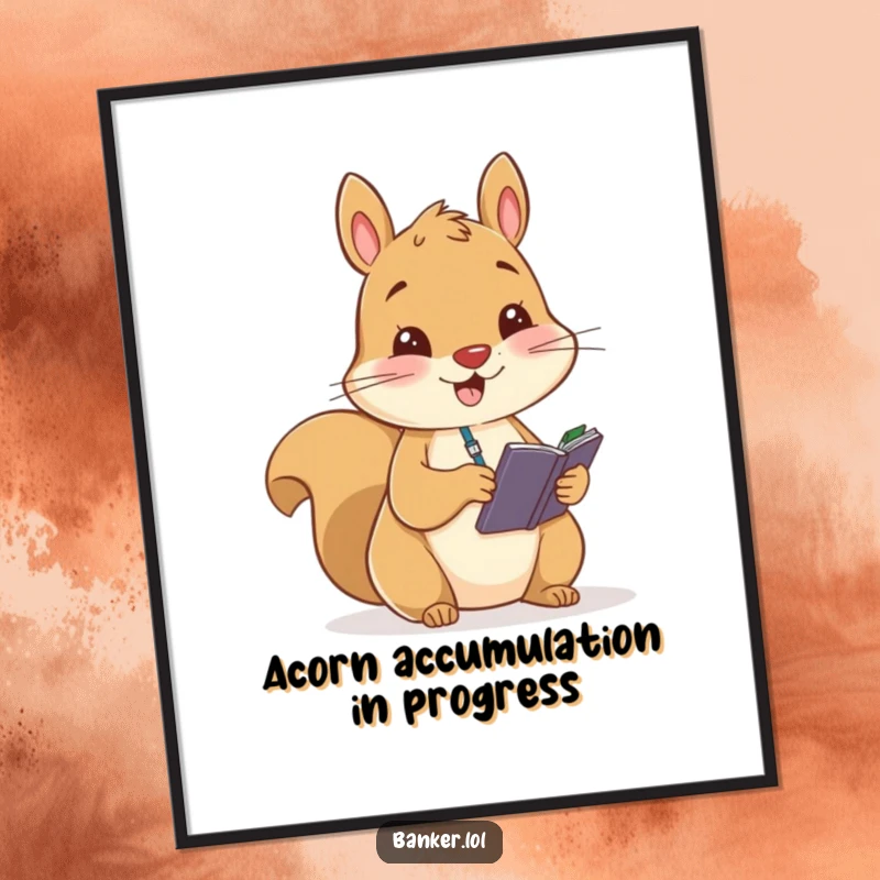 Funny Free Printable Wall Art: Cheerful squirrel with a small ledger, diligently recording figures with a comical, focused expression.