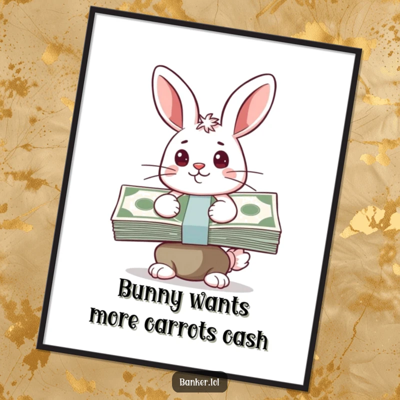 Funny Free Printable Wall Art: Happy bunny with a determined look, balancing a tall stack of cash, exuding cheerful financial success.