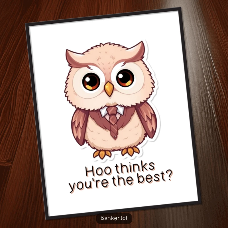 Funny Free Printable Wall Art: A fluffy owl with large eyes wears a tiny vest and tie, adding wise decor.