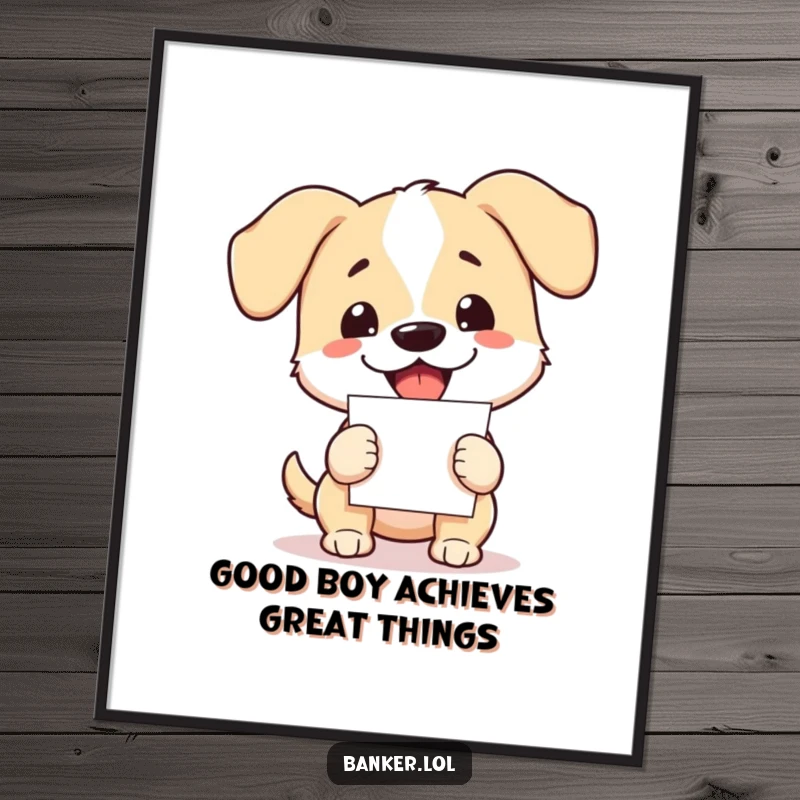 Funny free printable wall art: A bouncy dog with floppy ears enthusiastically holding an oversized stack of papers.