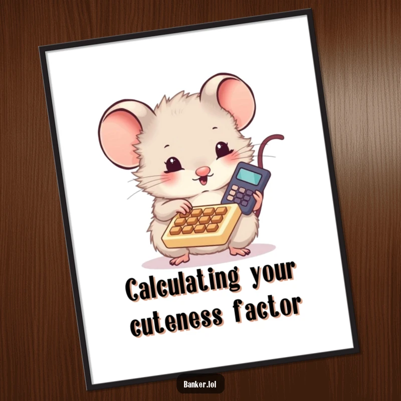 Funny Free Printable Wall Art: Cute fluffy mouse with a tiny calculator, excitedly tapping the keys with a focused, happy expression.