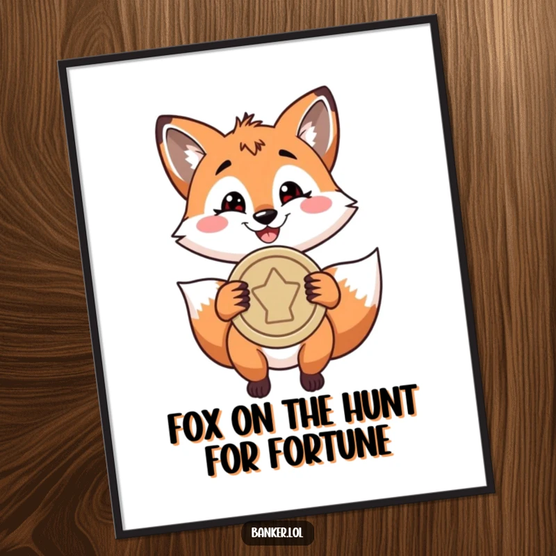 Funny Free Printable Wall Art: Playful fox with a confident grin, holding a large, shiny coin, exuding playful wealth and charm.