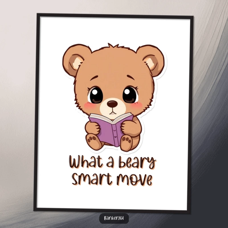 Funny free printable wall art: A curious bear cub with very wide, simple eyes, inspecting a small ledger.