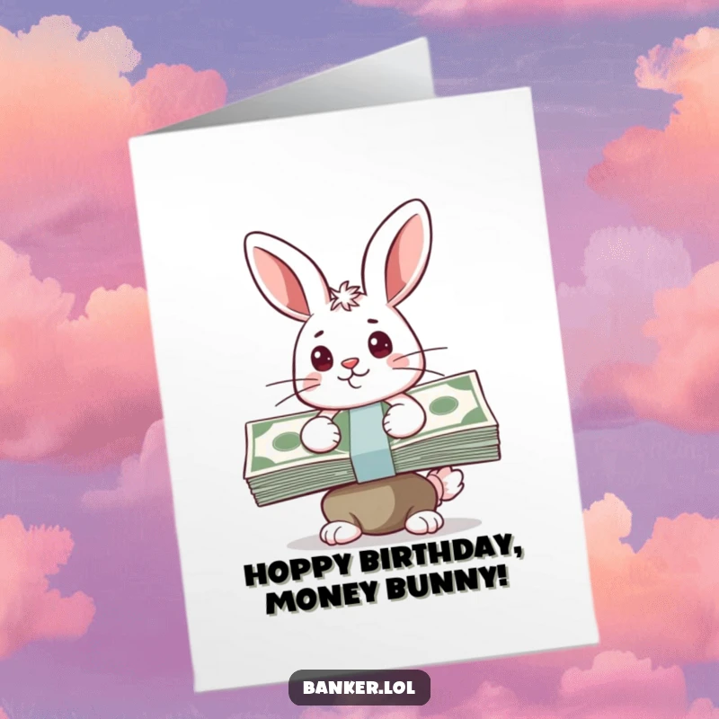 Funny Free Printable Birthday Card: Happy bunny with a determined look, balancing a tall stack of cash, radiating financial joy.