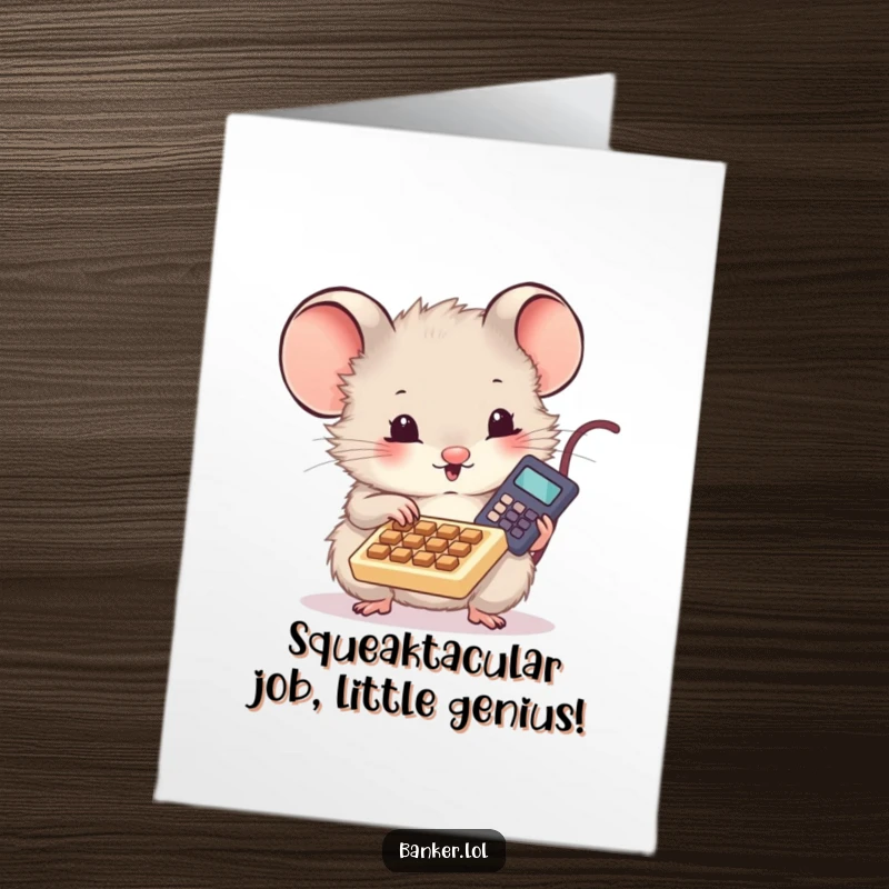 Funny Free Printable Congratulations Card: Cute fluffy mouse with a tiny calculator, excitedly tapping keys, celebrating a proud moment.