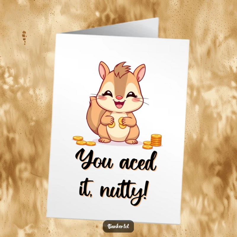 Funny free printable congratulations card: A happy squirrel diligently counting coins, celebrating your big win with humor.