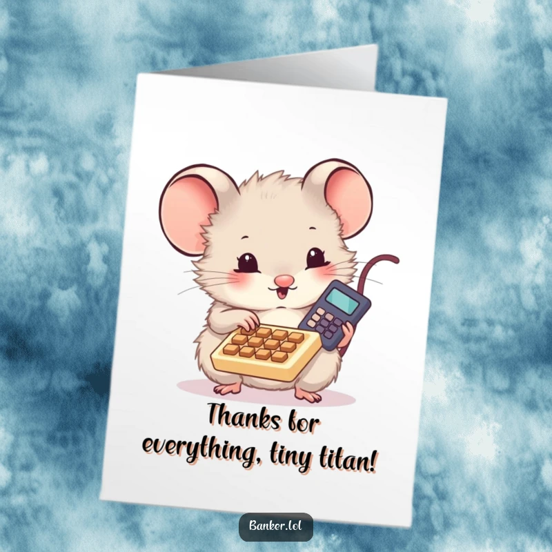 Funny Free Printable Thank You Card: Cute fluffy mouse with a tiny calculator, excitedly tapping keys, showing heartfelt thanks.