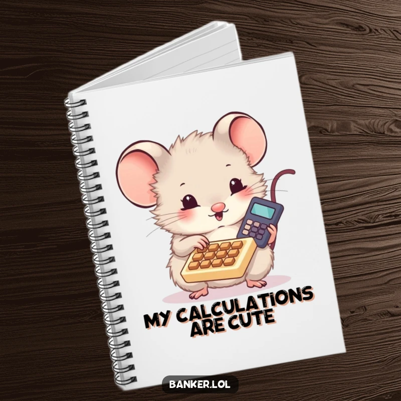 Funny notebook cover displaying a cute, fluffy mouse excitedly using a miniature calculator, perfect for jotting down numbers and ideas.