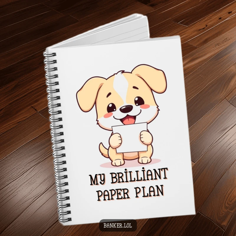 Funny dog notebook with floppy ears, enthusiastically holding papers, ideal for jotting down notes and plans.