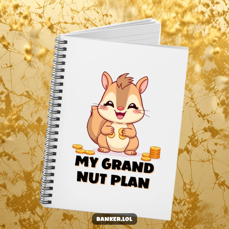 Funny squirrel notebook with a cheerful squirrel counting coins, perfect for jotting down notes, budgets, or brilliant ideas.