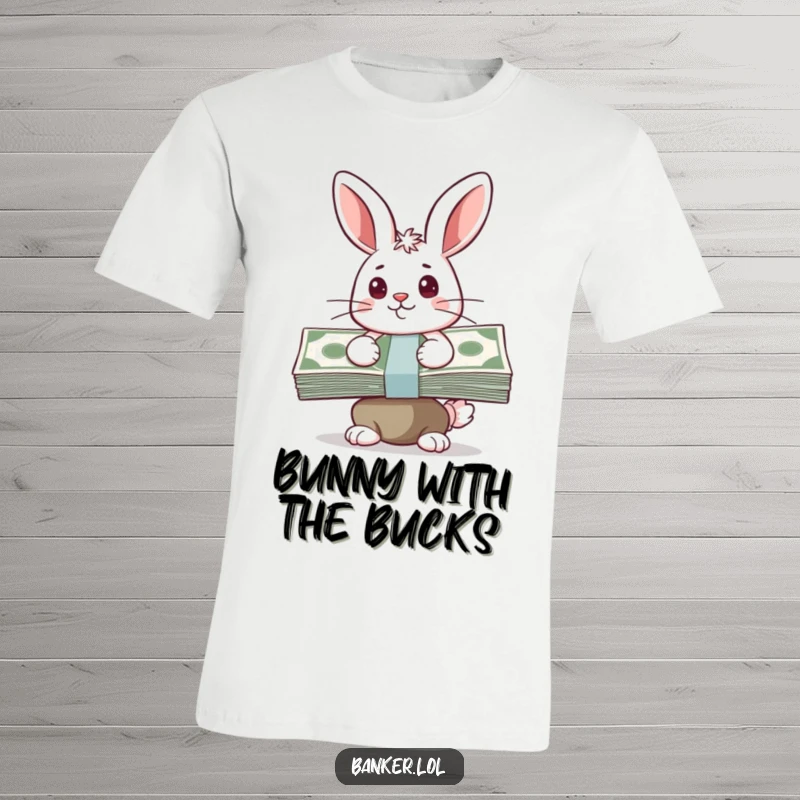 Funny t-shirt with a happy bunny looking determined while balancing a stack of cash, symbolizing financial achievement.