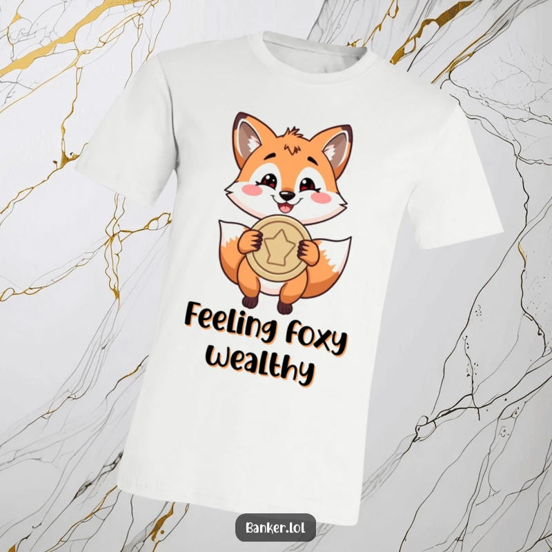 Funny t-shirt with a playful fox sporting a confident grin, holding a large coin, symbolizing cleverness and good fortune.
