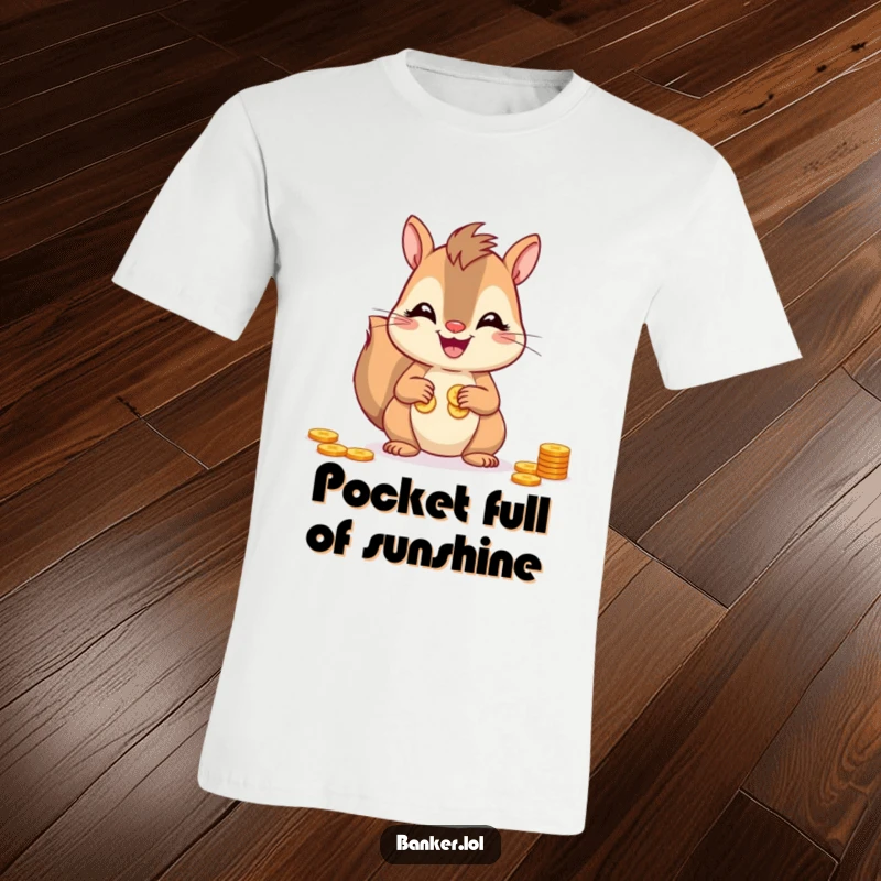 Funny squirrel t-shirt featuring a joyful squirrel with a huge smile, busy counting a pile of coins with its dexterous paws.