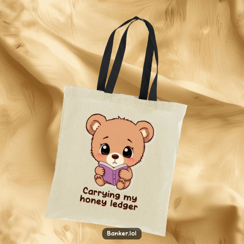 Funny bear cub tote bag with wide eyes, curiously examining a small ledger, ready for daily adventures.