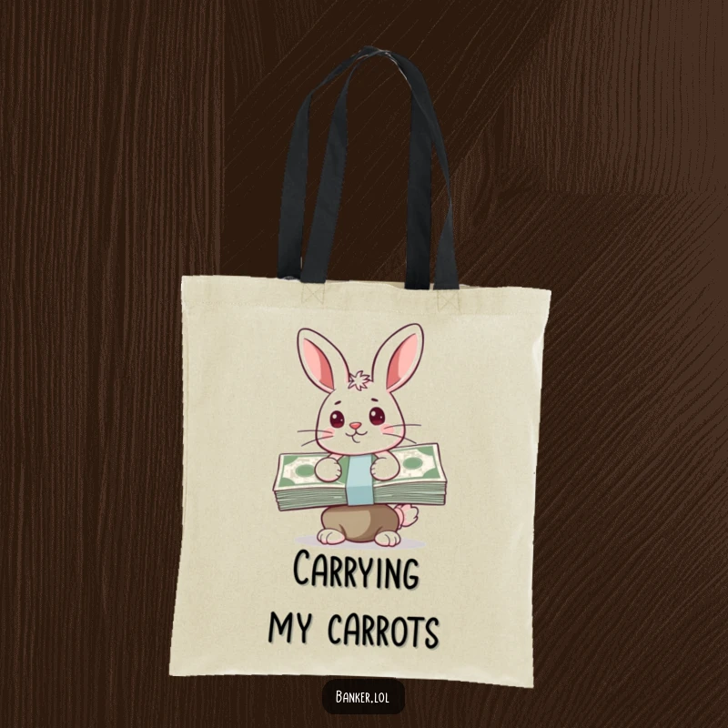 Funny tote bag featuring a happy bunny with a determined look, balancing a stack of cash, ready to carry your financial dreams.