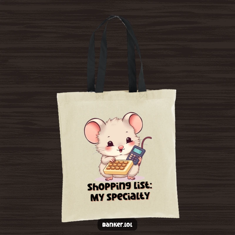 Funny tote bag featuring a cute, fluffy mouse eagerly pressing buttons on a miniature calculator, ready to hold your essentials.