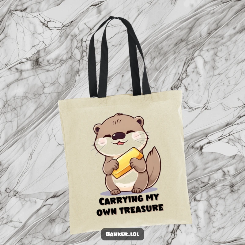 Funny tote bag featuring a giggling otter with a shiny gold bar, perfect for carrying groceries or treasures with a humorous touch.